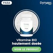 Complément alimentaire de PABA (ancienne vitamine B10) de la marque française Dynveo. Boîte de gélules blanche et bleue sur fond bleu foncé. Quelques écritures présentent le produit et invitent à cliquer pour le voir.